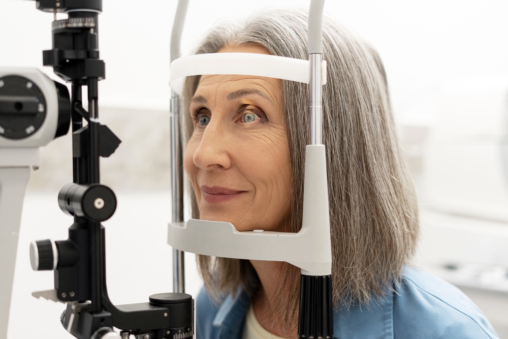 Senior,Woman,Undergoing,An,Eye,Examination,Using,A,Slit,Lamp,