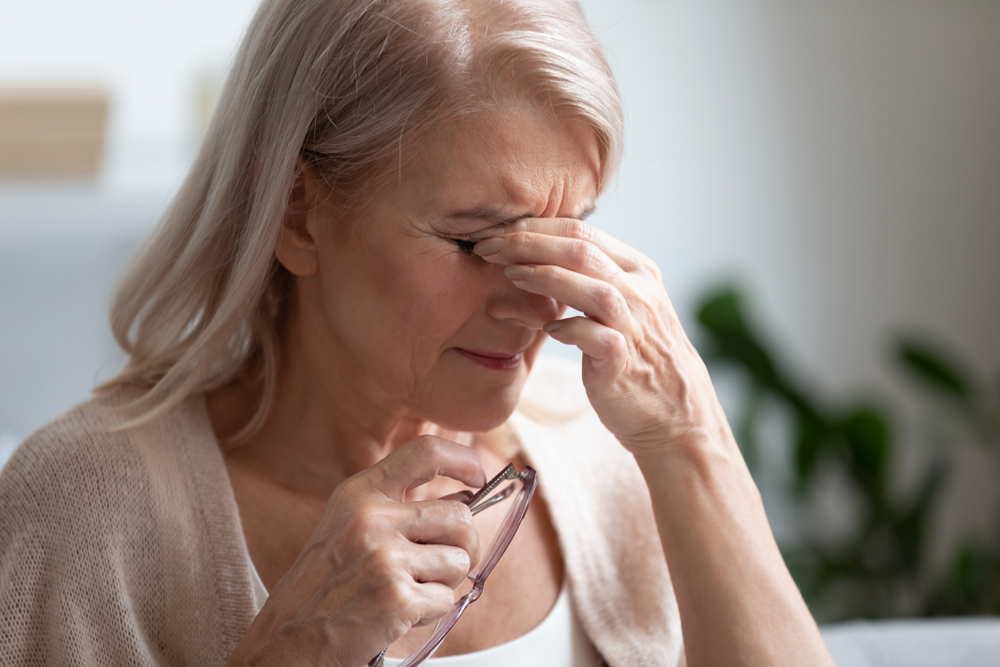 Tired,Upset,Middle,Aged,Older,Woman,Taking,Off,Glasses,Rubbing