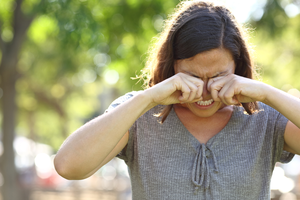 Middle,Age,Woman,With,Itchy,Eyes,Scratching,Standing,In,The